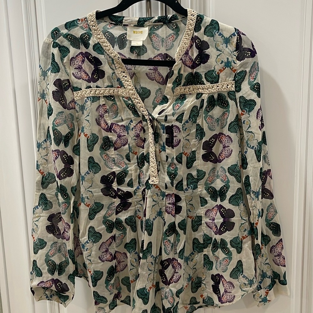 Anthropologie Maeve Abella Pintuck Butterfly Cotton Shirt Blouse Sz 2  XS - Picture 4 of 16
